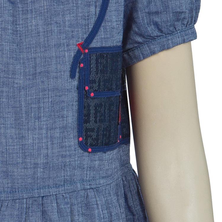 Pre Owned Fendi Blue Monogram Patch Detail Short Sleeve Cotton Chambray Dress 6 Yrs