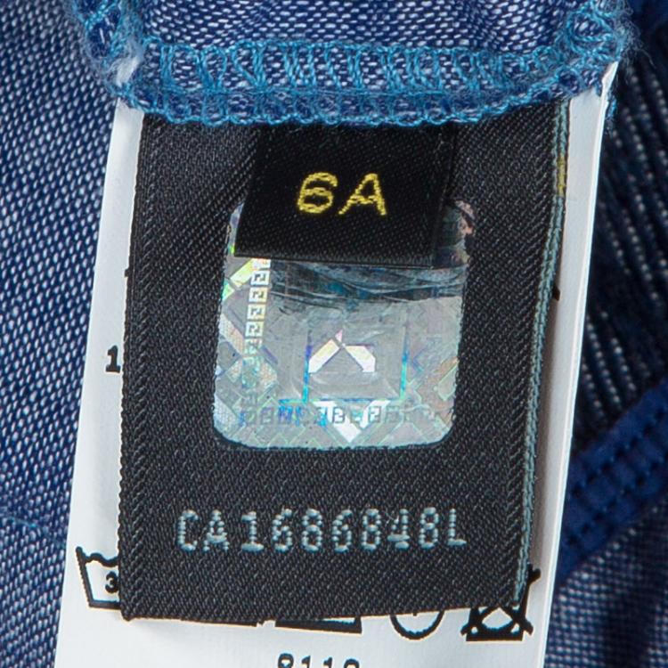 Pre Owned Fendi Blue Monogram Patch Detail Short Sleeve Cotton Chambray Dress 6 Yrs