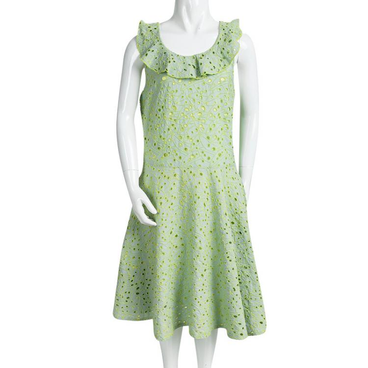 Pre Owned Kenzo Kids Jade Green Eyelet Embroidered Ceremony Dress 14 Yrs