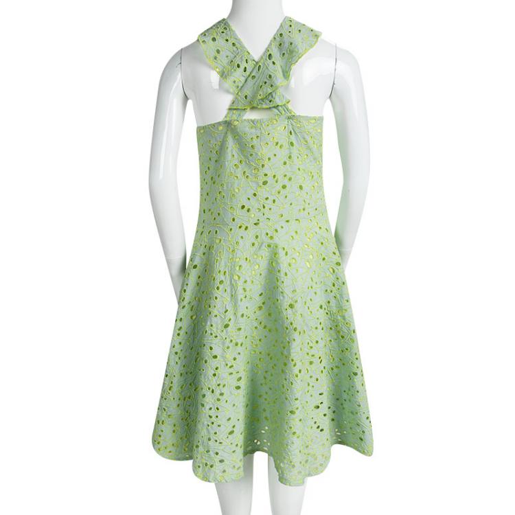 Pre Owned Kenzo Kids Jade Green Eyelet Embroidered Ceremony Dress 14 Yrs