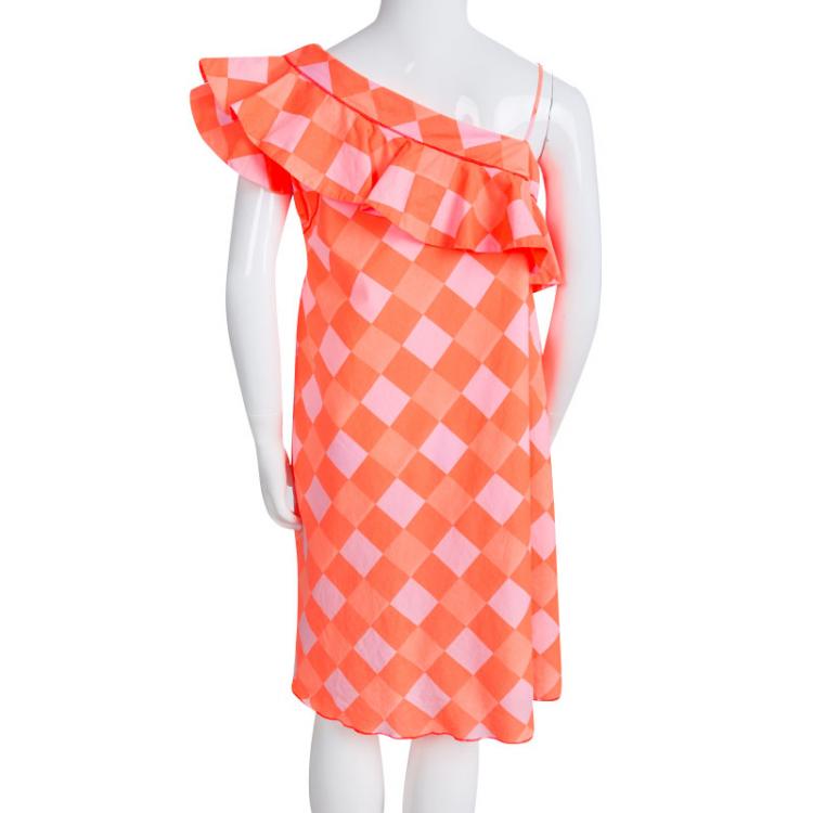 Pre Owned Little Marc Jacobs Neon Orange Checkered One Shoulder Dress 10 Yrs