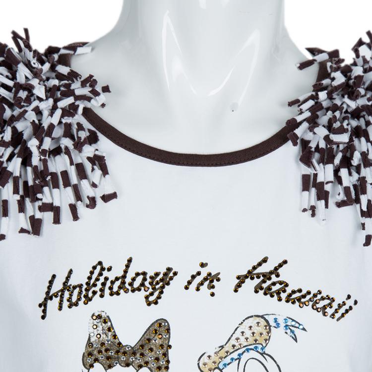 Pre Owned Monnalisa White Striped Donald and Daisy Duck Print Embellished Sleeveless T-Shirt 10 Yrs