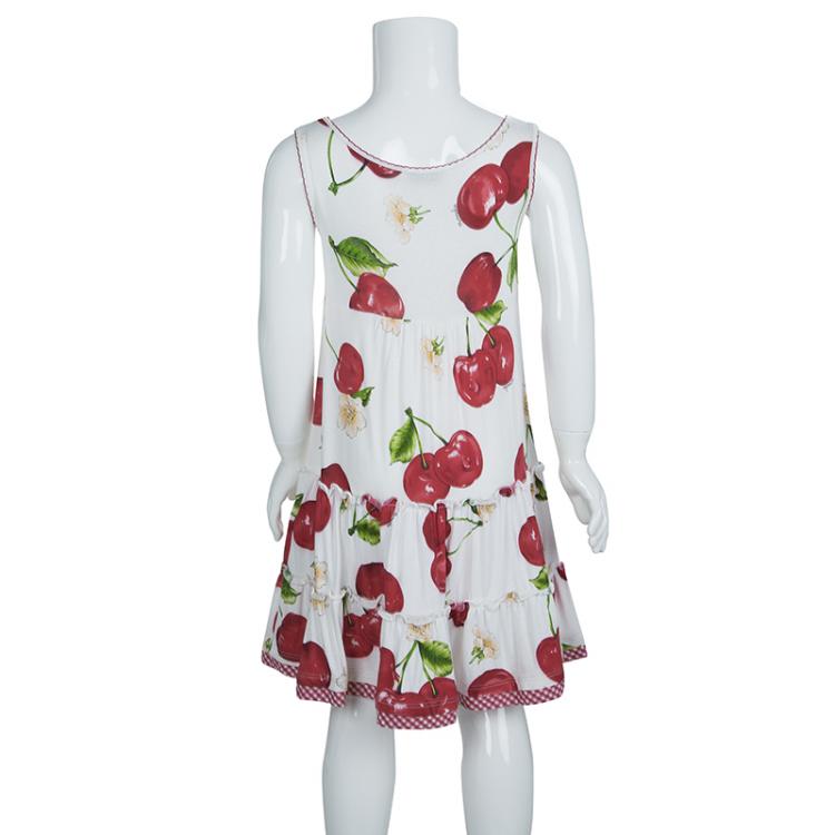Pre Owned Monnalisa White Cherry Print Jersey Sleeveless Tiered Dress 5 Yrs