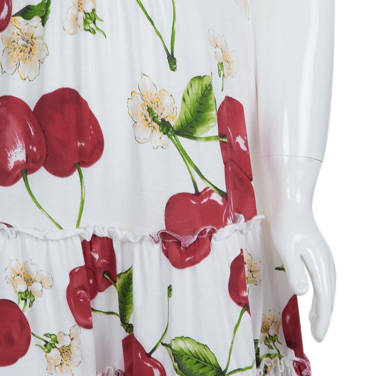 Pre Owned Monnalisa White Cherry Print Jersey Sleeveless Tiered Dress 5 Yrs