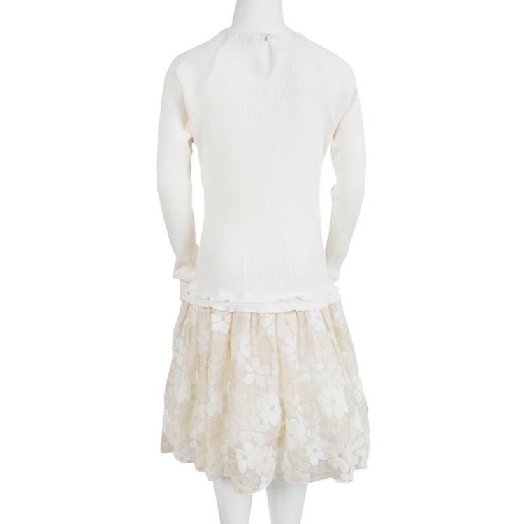 Pre Owned Monnalisa Cream Knit Floral Tulle Bottom Long Sleeve Dress 12 Yrs