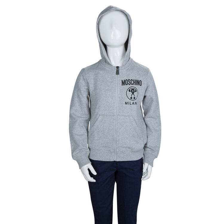 Pre Owned Moschino Kid Grey Zip Front Hooded Sweatshirt 8 Yrs