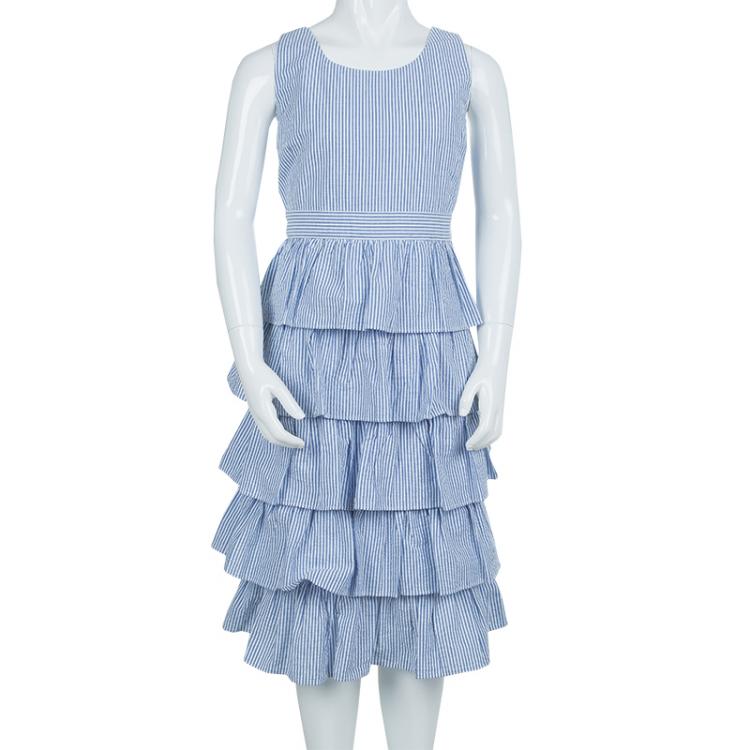 Pre Owned Ralph Lauren Blue and White Striped Seersucker Sleeveless Tiered Dress 16 Yrs