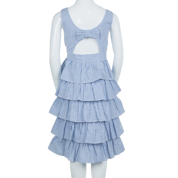 Pre Owned Ralph Lauren Blue and White Striped Seersucker Sleeveless Tiered Dress 16 Yrs
