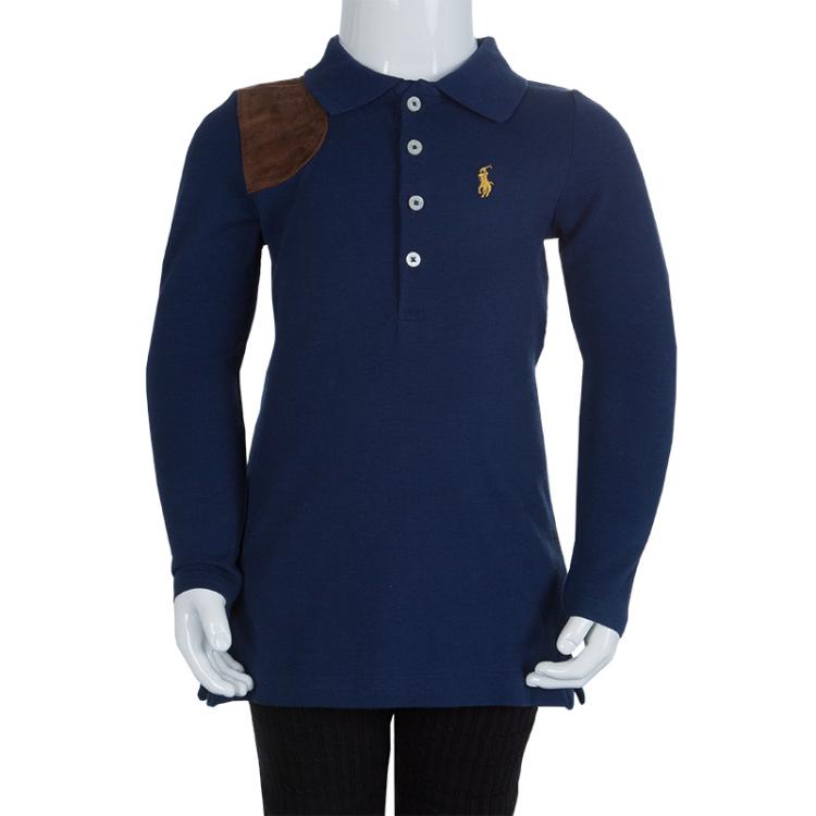 Pre Owned Ralph Lauren Navy Blue Suede Patch Detail Long Sleeve Polo Tunic 3 Yrs