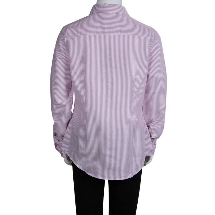 Pre Owned Ralph Lauren Pink Cotton Striped Ruffle Detail Button Front Shirt 10 yrs