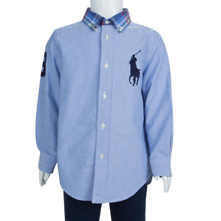Pre Owned Ralph Lauren Blue Checked Collar Detail Long Sleeve Buttondown Shirt 5 Yrs