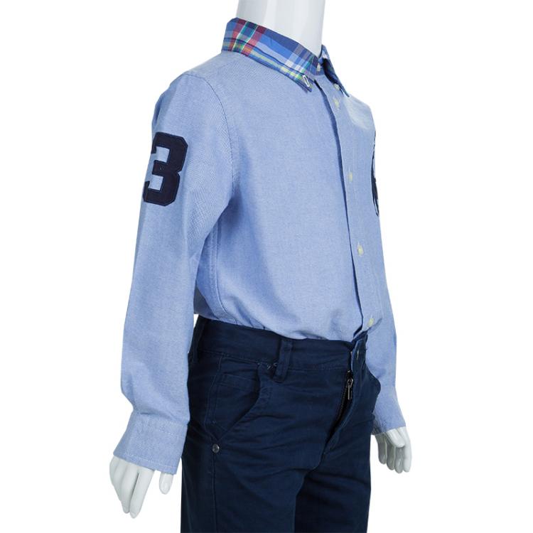 Pre Owned Ralph Lauren Blue Checked Collar Detail Long Sleeve Buttondown Shirt 5 Yrs
