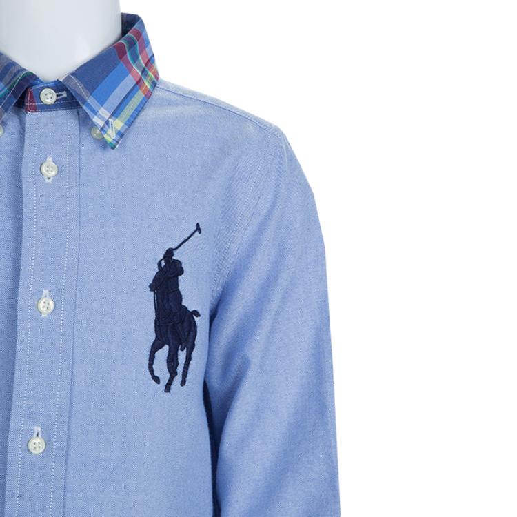 Pre Owned Ralph Lauren Blue Checked Collar Detail Long Sleeve Buttondown Shirt 5 Yrs