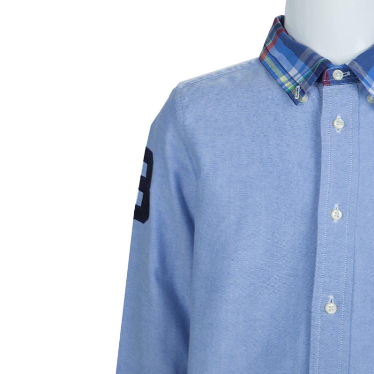 Pre Owned Ralph Lauren Blue Checked Collar Detail Long Sleeve Buttondown Shirt 5 Yrs