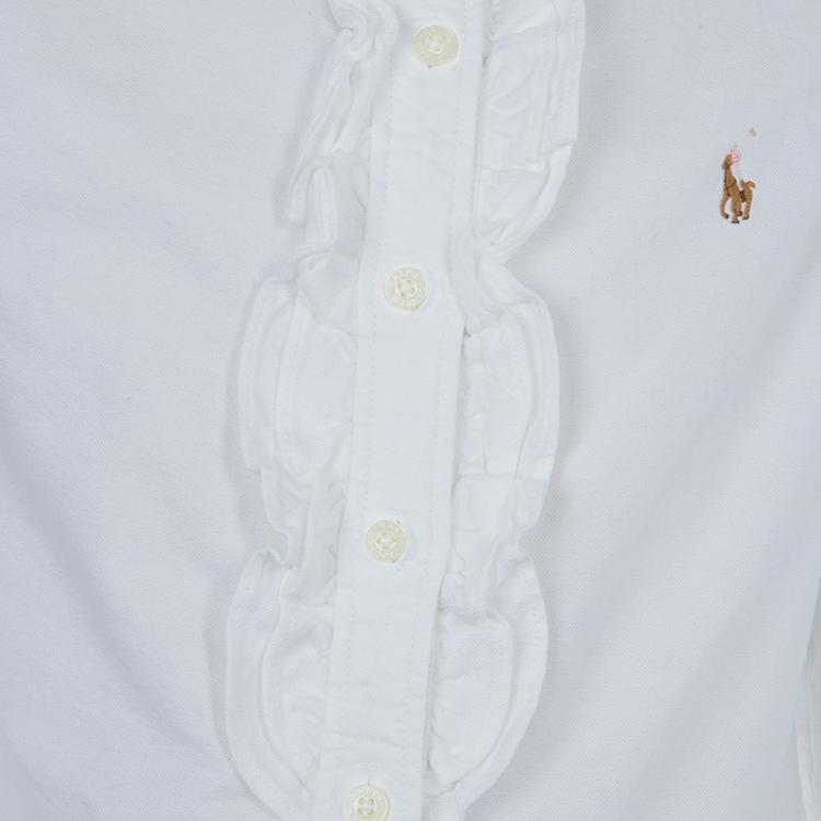 Pre Owned Ralph Lauren White Ruffle Detail Long Sleeve Button Down Cotton Shirt 8 Yrs
