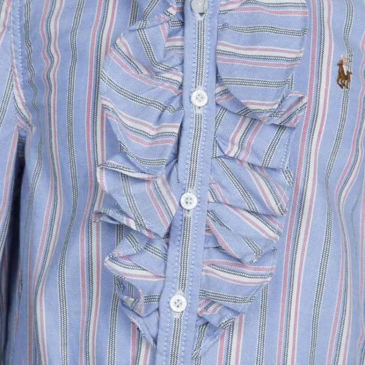 مملوكة مسبقًا Ralph Lauren Blue Striped Ruffle Detail Shirt Dress 5 Yrs