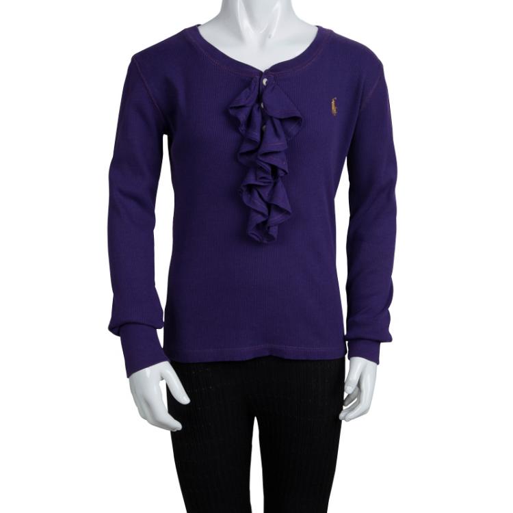 Pre Owned Ralph Lauren Purple Rib Knit Ruffle Detail Long Sleeve Top 7 Yrs