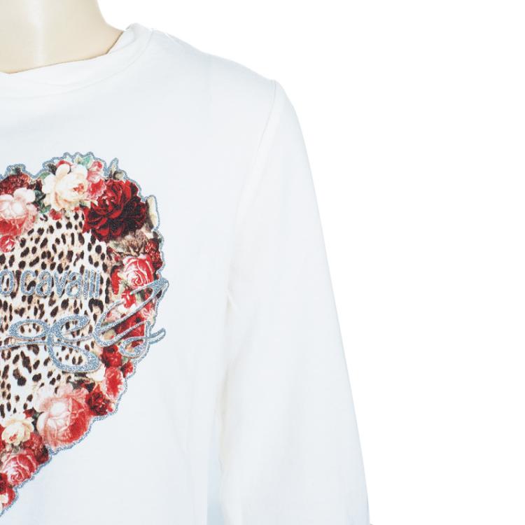 مملوكة مسبقًا Roberto Cavalli Angels Cream Heart Logo Print Long Sleeve Tshirt 10 Yrs