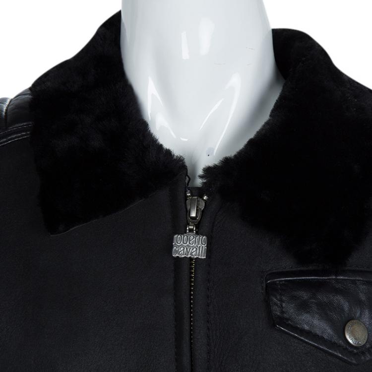 Pre Owned Roberto Cavalli Devils Black Leather Quilted Patch Detail Fur Lined Jacket 10 Yrs