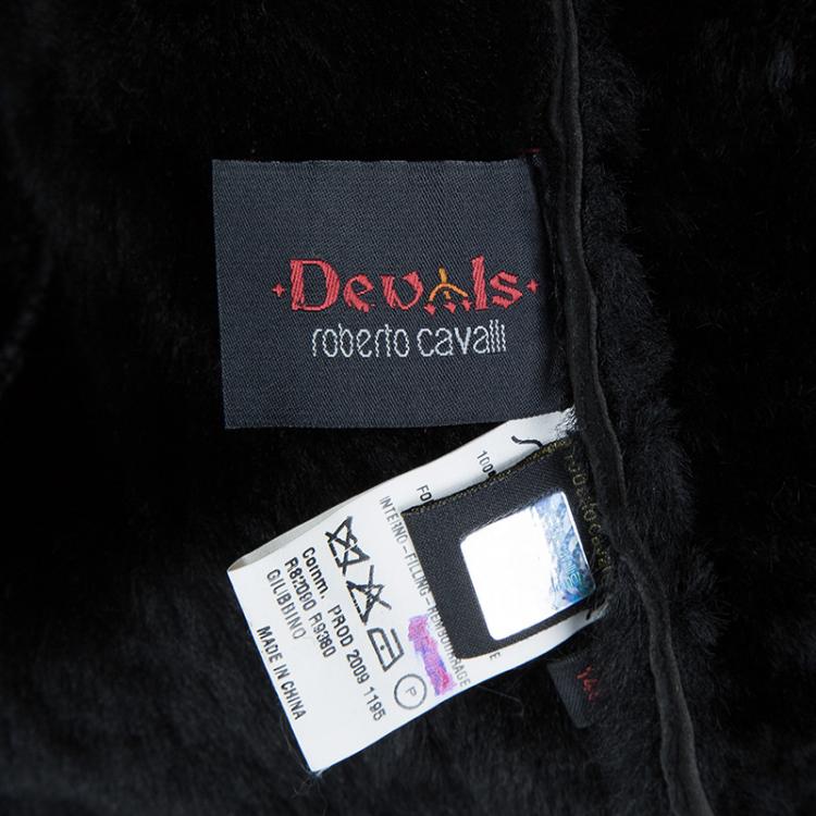 Pre Owned Roberto Cavalli Devils Black Leather Quilted Patch Detail Fur Lined Jacket 10 Yrs