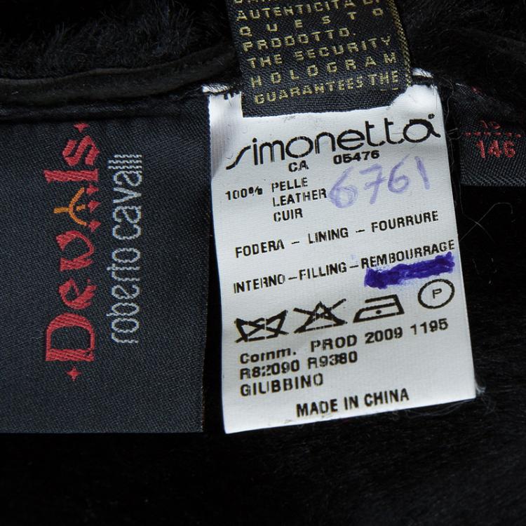 Pre Owned Roberto Cavalli Devils Black Leather Quilted Patch Detail Fur Lined Jacket 10 Yrs