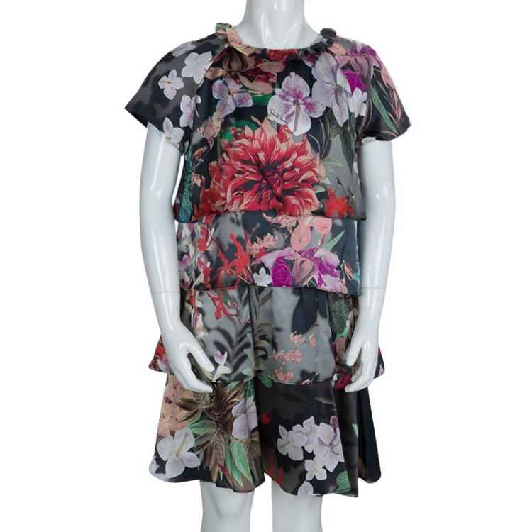 Pre Owned Roberto Cavalli  Multicolor Floral Print Silk Tiered Dress 8 Yrs