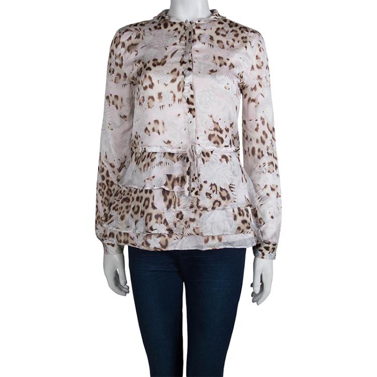 مملوكة مسبقًا Roberto Cavalli Leopard Print Long Sleeve Peplum Shirt M