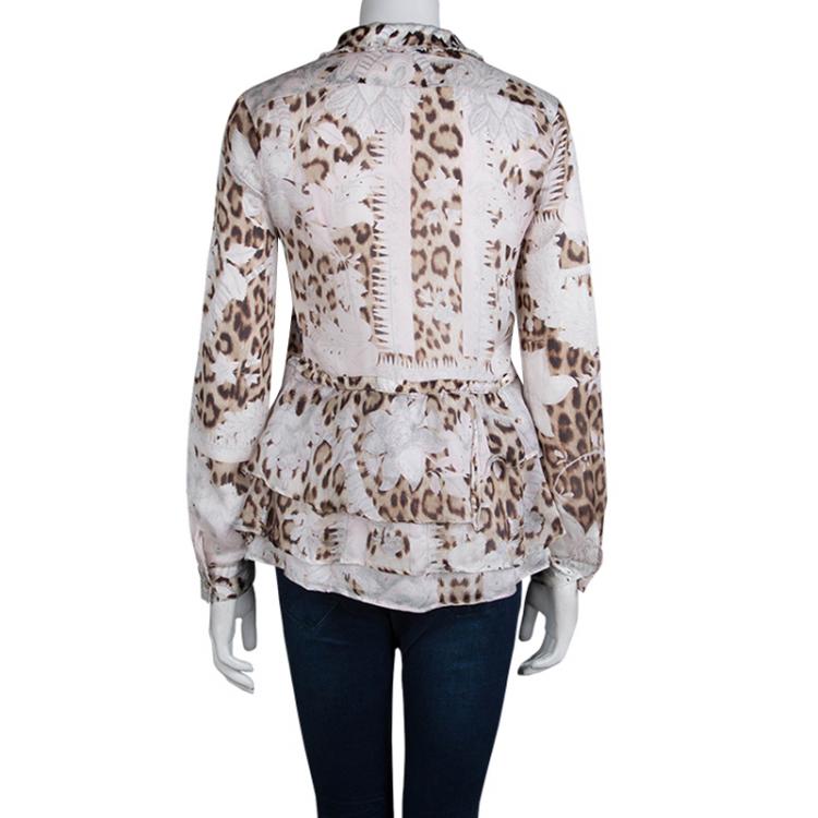 مملوكة مسبقًا Roberto Cavalli Leopard Print Long Sleeve Peplum Shirt M