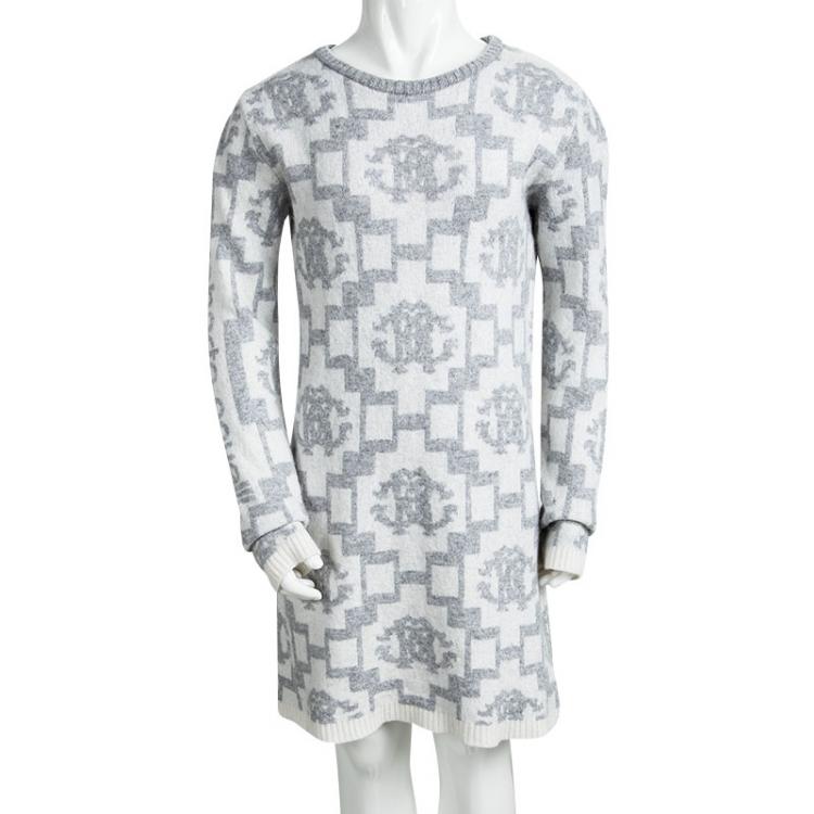 Pre Owned Roberto Cavalli Grey Logo Pattern Crew Neck Mini Sweater Dress 10 Yrs