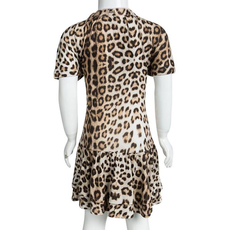Pre Owned Roberto Cavalli Brown Leopard Printed Jersey Bow Detail Ruffle Bottom Dress 6 Yrs