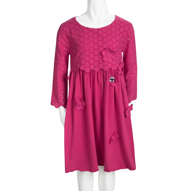 Pre Owned Rykiel Enfant Pink Eyelet Embroidered Floral Applique Detail Dress 10 Yrs