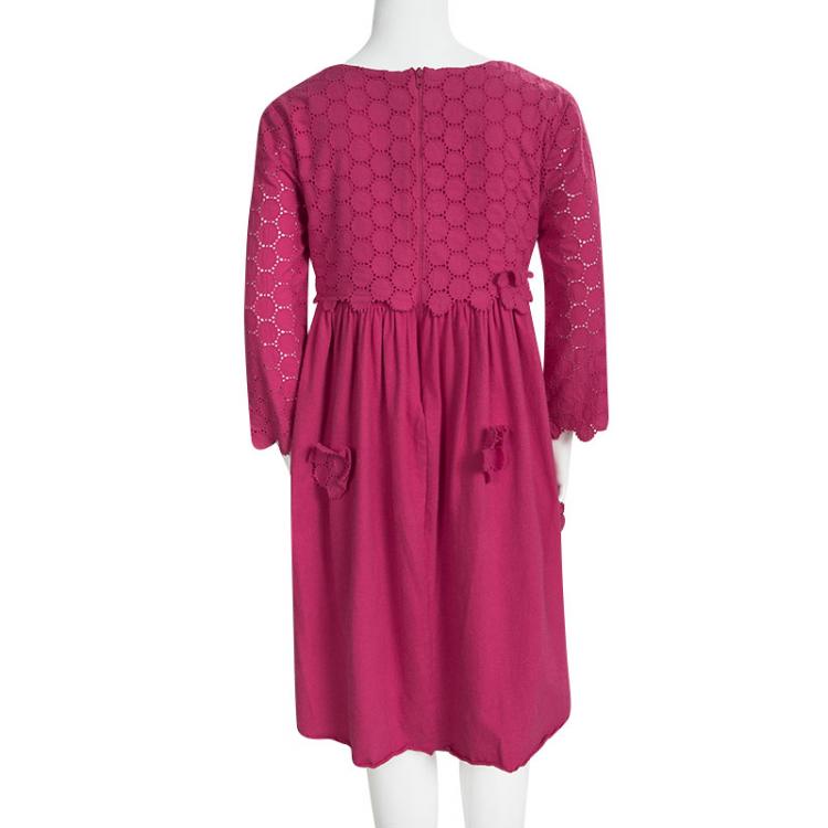 Pre Owned Rykiel Enfant Pink Eyelet Embroidered Floral Applique Detail Dress 10 Yrs