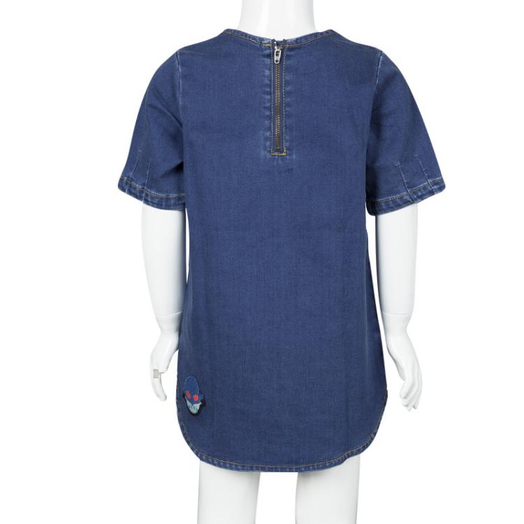 مملوكة مسبقًا Stella McCartney Kids Indigo Denim Superhero Applique Detail Short Sleeve Dress 5 Yrs