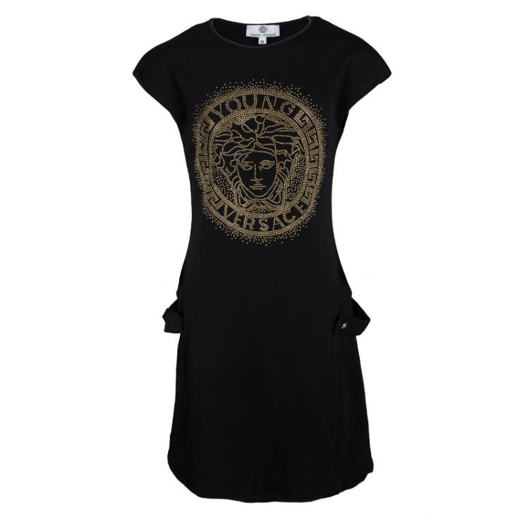 Pre Owned Young Versace Black Knit Medusa Logo Embellished Dress 8 Yrs