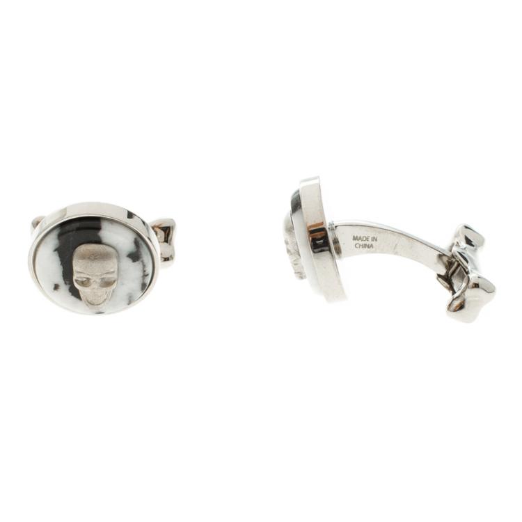 Pre Owned Alexander McQueen Skull & Bone Agate Silver Tone Cufflinks