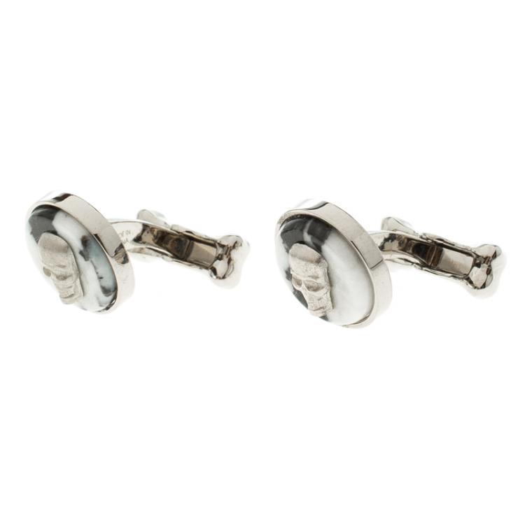 Pre Owned Alexander McQueen Skull & Bone Agate Silver Tone Cufflinks