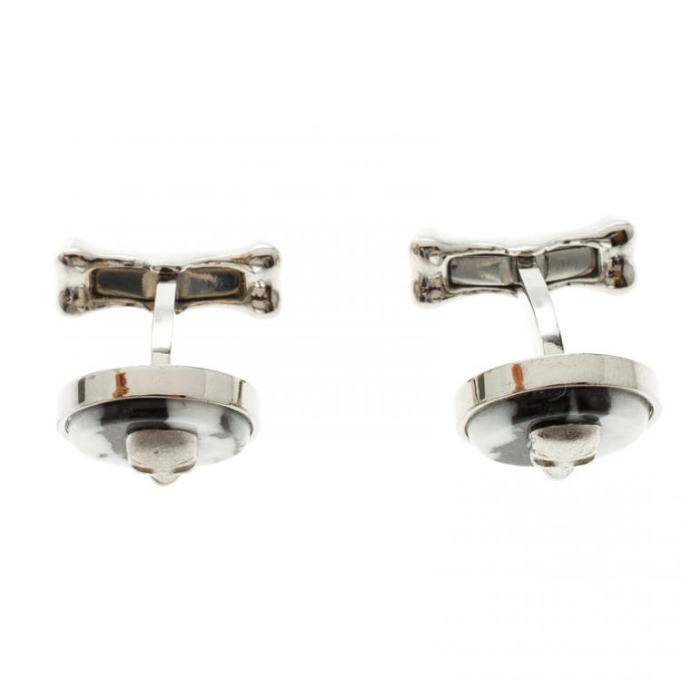 Pre Owned Alexander McQueen Skull & Bone Agate Silver Tone Cufflinks
