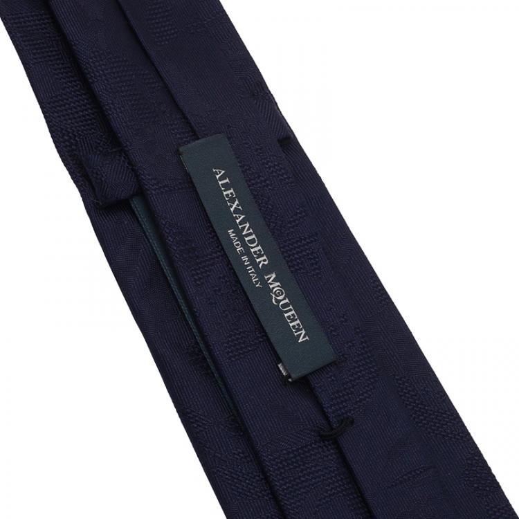 Pre Owned Alexander McQueen Navy Blue Tonal Floral Jacquard Silk Tie  