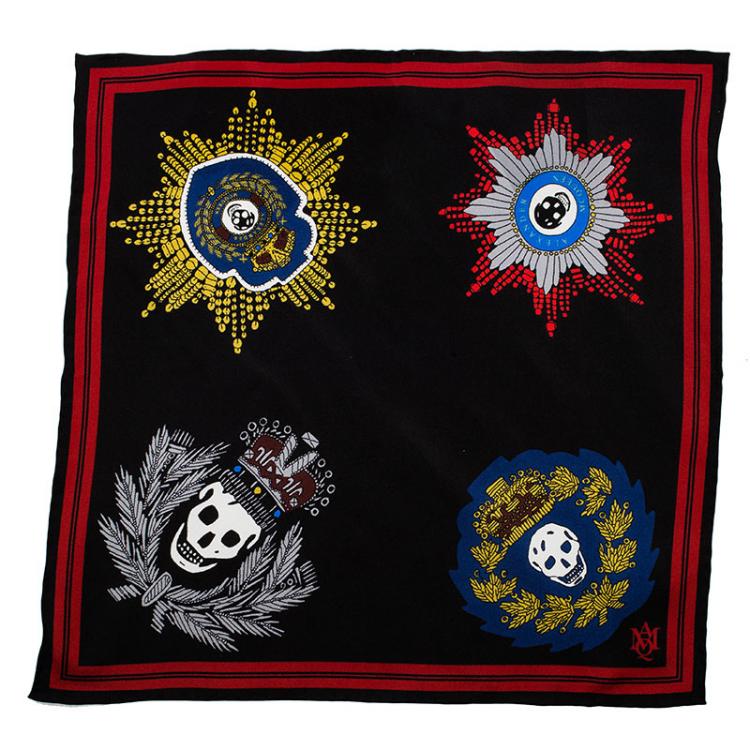 Pre Owned Alexander McQueen Black Military Skull Badges Print Silk Pocket Square