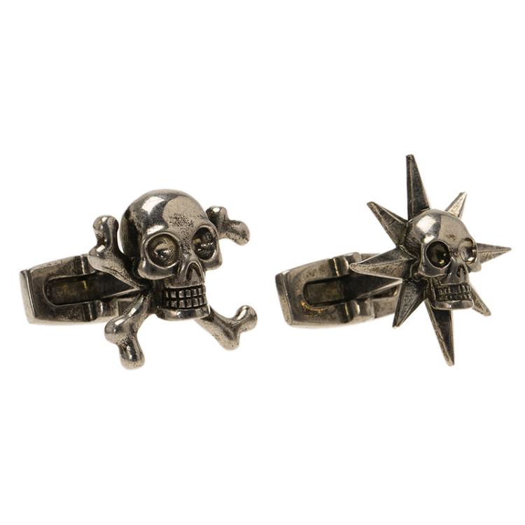 Pre Owned Alexander McQueen Asymmetric Skulls Silver Tone Cufflinks