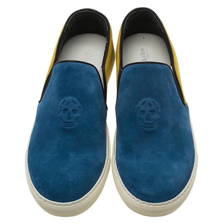 Pre Owned Alexander McQueen Tricolor Suede Skull Embossed Slip On Sneakers Size 44