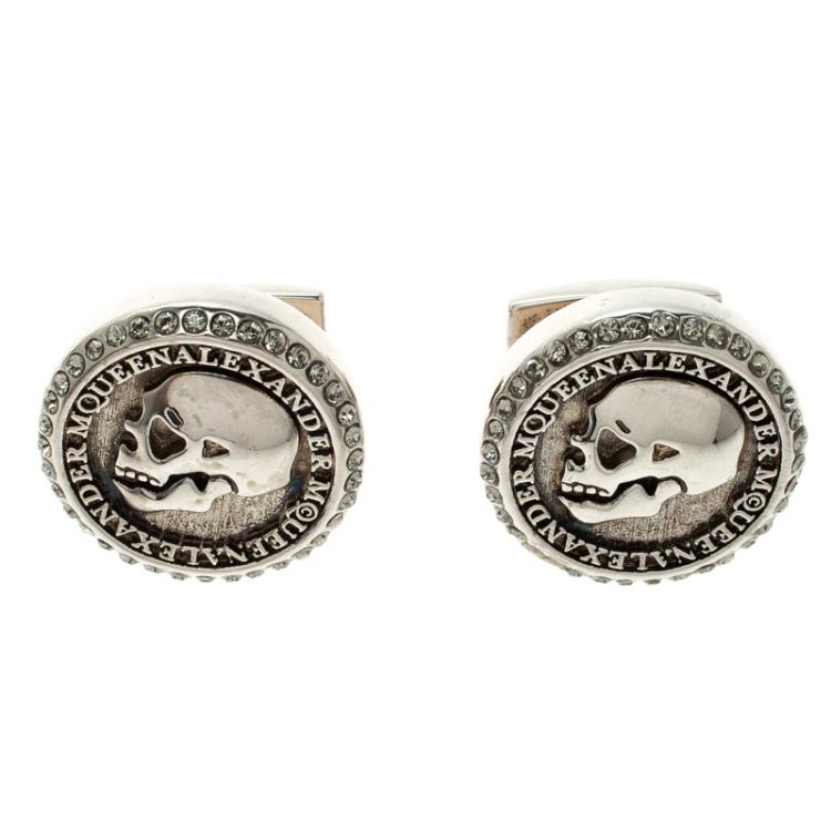 Pre Owned Alexander McQueen Skull Coin Silver Tone Cufflinks