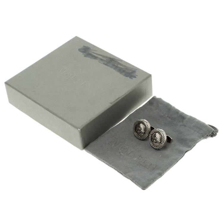 Pre Owned Alexander McQueen Skull Coin Silver Tone Cufflinks
