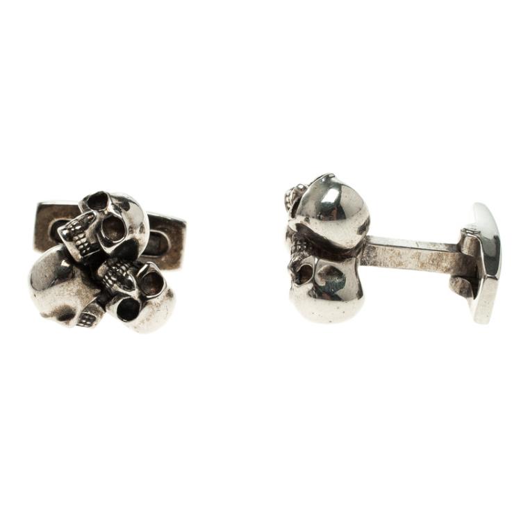 Pre Owned Alexander McQueen 3 Skull Silver Tone Cufflinks