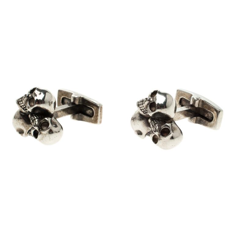 Pre Owned Alexander McQueen 3 Skull Silver Tone Cufflinks