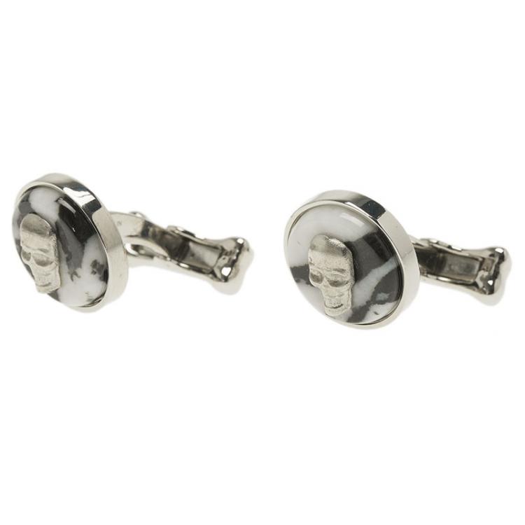 Pre Owned Alexander McQueen Skull & Bone Agate Silver Tone Cufflinks