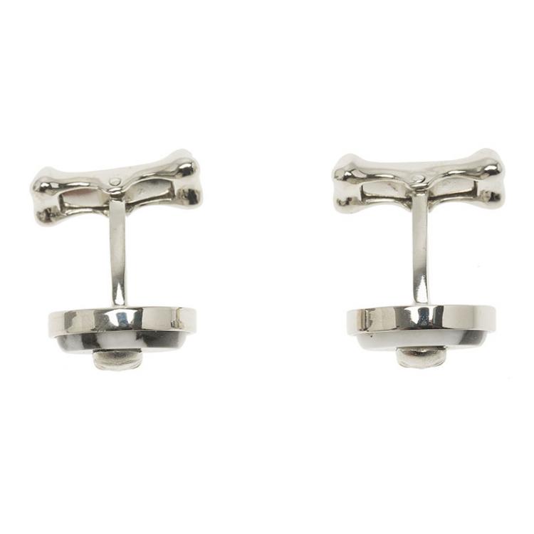 Pre Owned Alexander McQueen Skull & Bone Agate Silver Tone Cufflinks