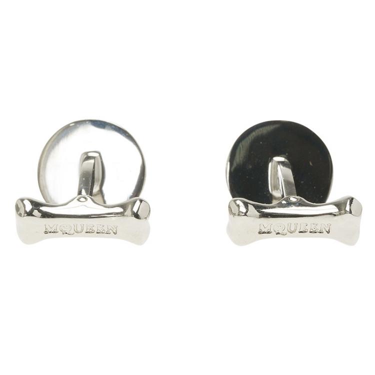 Pre Owned Alexander McQueen Skull & Bone Agate Silver Tone Cufflinks