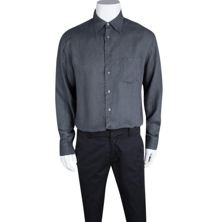 Pre Owned Armani Collezioni Grey Linen Long Sleeve Button Front Shirt L