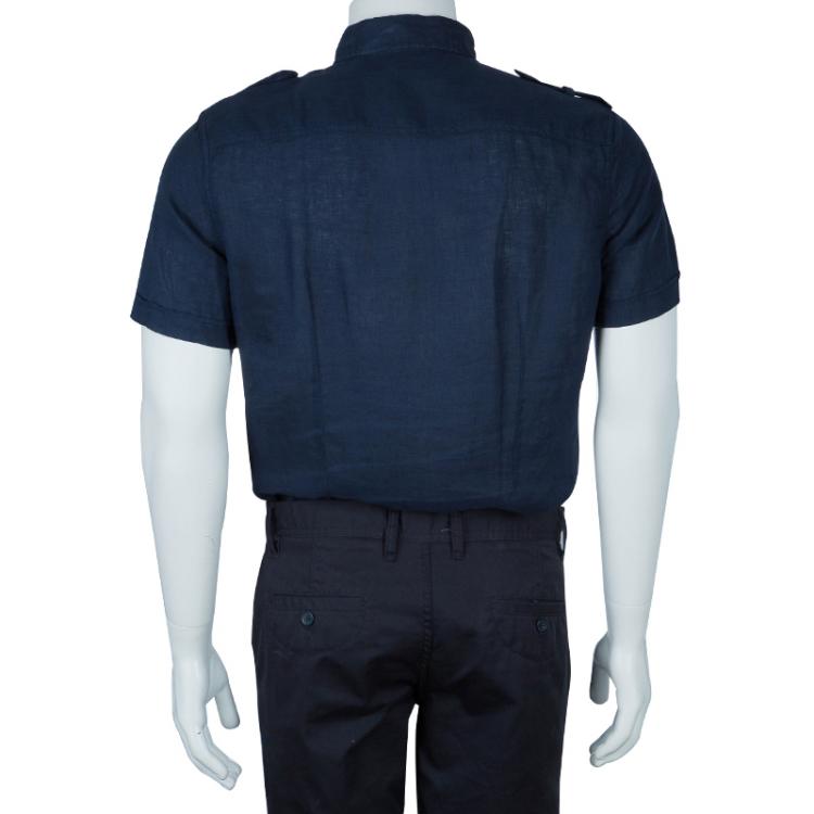 Pre Owned Armani Collezioni Men's Navy Blue Linen Short Sleeve Shirt M